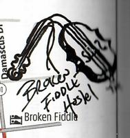 Hand drawn "passport stamp" for The Broken Fiddle Hostel.